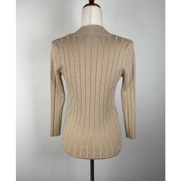 00s y2k Gold Metallic Knit Ribbed V-Neck Sweater Pullover Shimmery Top Petite M - Picture 4 of 10